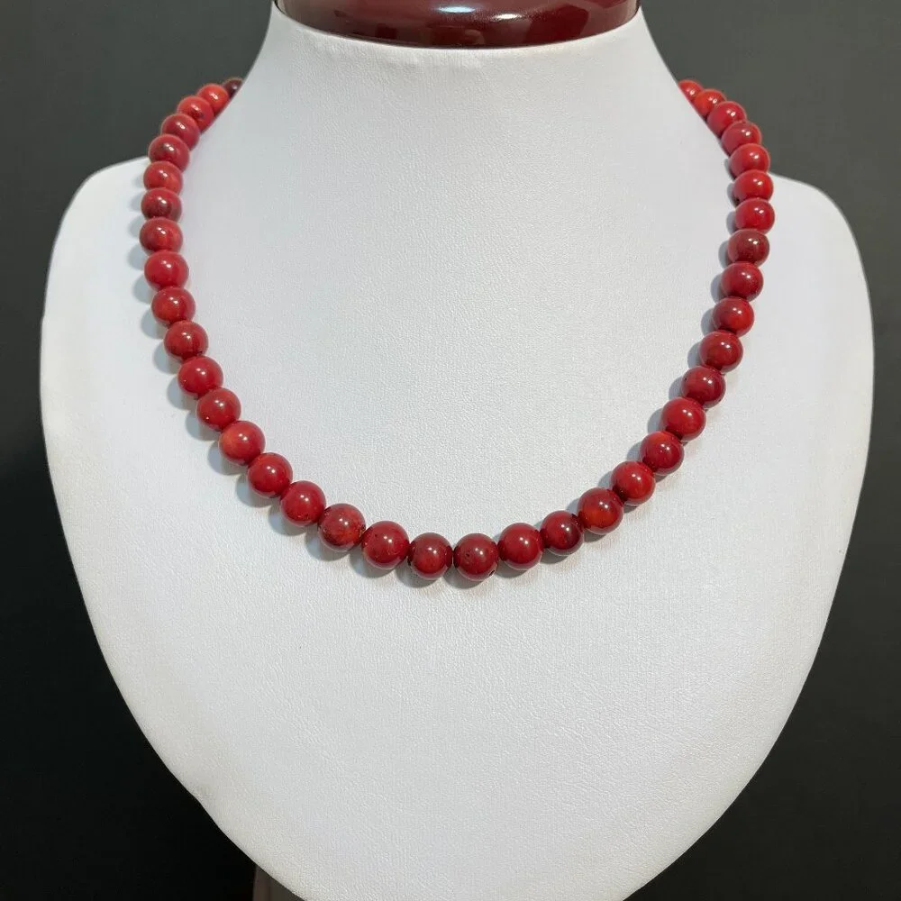 Natural Red Coral Round Beads Necklace 16 inches - Picture 2 of 4